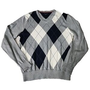 Tommy Hilfiger Argyle Sweater Gray Blue Cream V-Neck Pullover Academia Preppy S